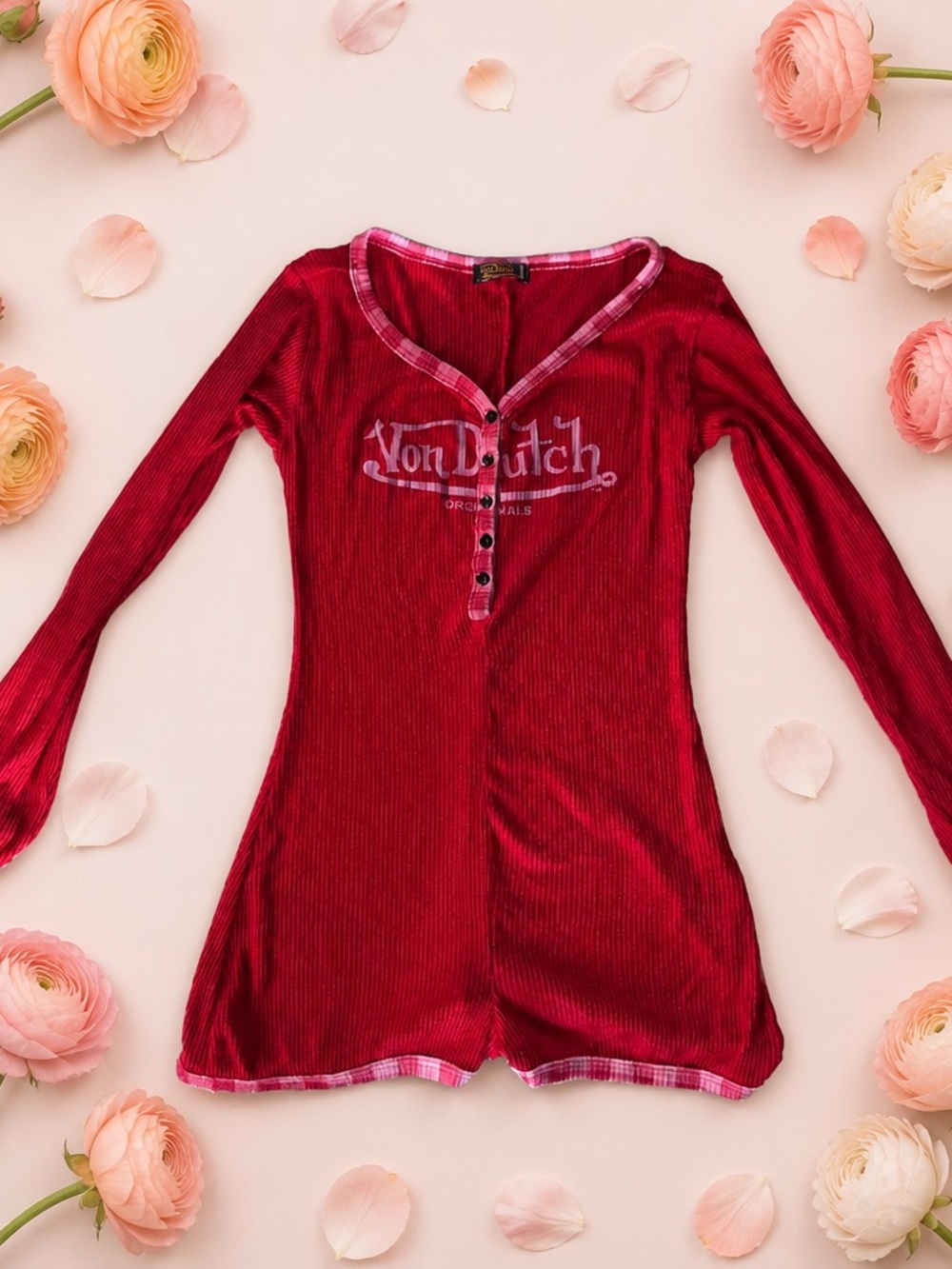 Von Dutch Red Ribbed Long Sleeve Romper